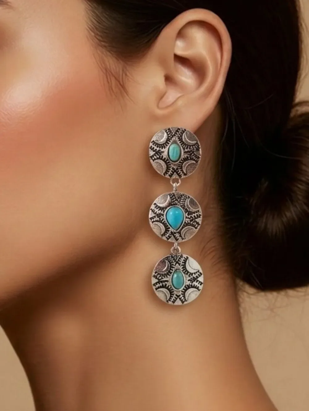 Triple Concho Turquoise Earrings Western Cowgirl Jewelry Rodeo Glam Dangles
